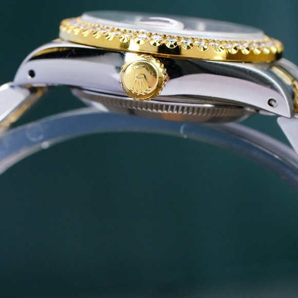 ROLEX LADIES DATEJUST GOLD STEEL CHAMPAGNE ROMAN DIAL DIAMOND BEZEL 26MM WATCH main image 9